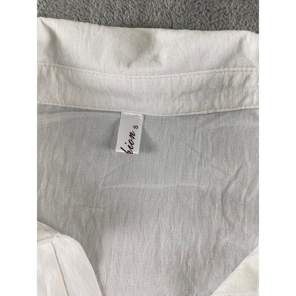 Fashion White Gauze Tunic Top Womens Small Ruched Side Tie Roll Tab Slv V-Neck - Picture 2 of 13